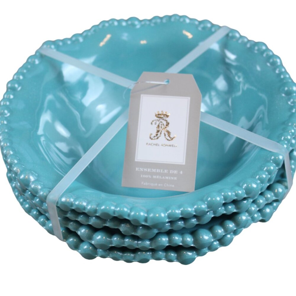 Rachel Ashwell Teal Shimmer Pearl Edge Set of 4 Melamine 7.25" Cereal Bowls NWT